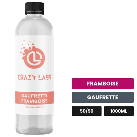 E-liquide Gaufrette Framboise de Crazy Labs, 1000 ml, saveurs framboise et gaufrette, sans nicotine de nicotine.