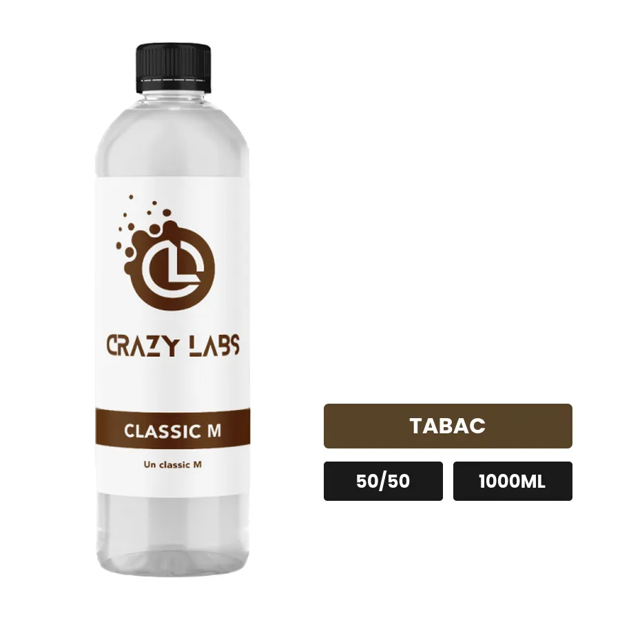 E-liquide Classic M de Crazy Labs, 1000 ml, saveur tabac, sans nicotine de nicotine.