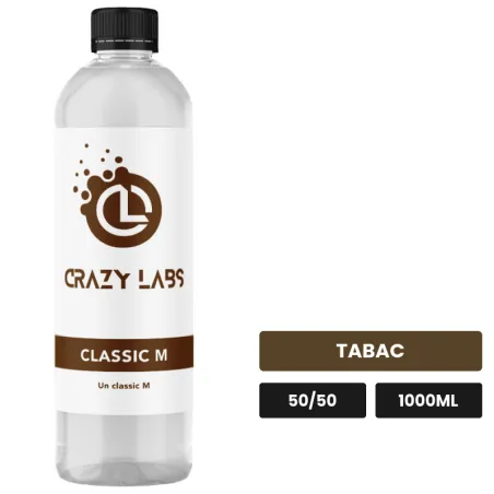 E-liquide Classic M de Crazy Labs, 1000 ml, saveur tabac, sans nicotine de nicotine.