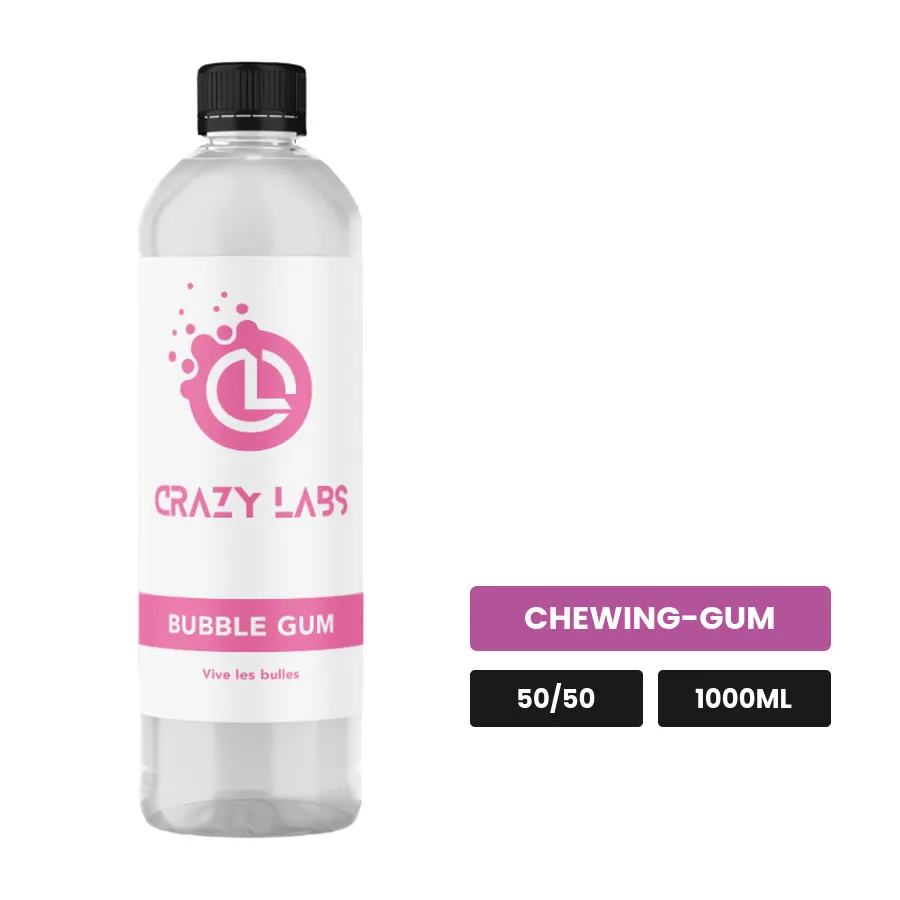 E-liquide Bubble Gum de Crazy Labs, 1000 ml, saveur chewing-gum, sans nicotine de nicotine.
