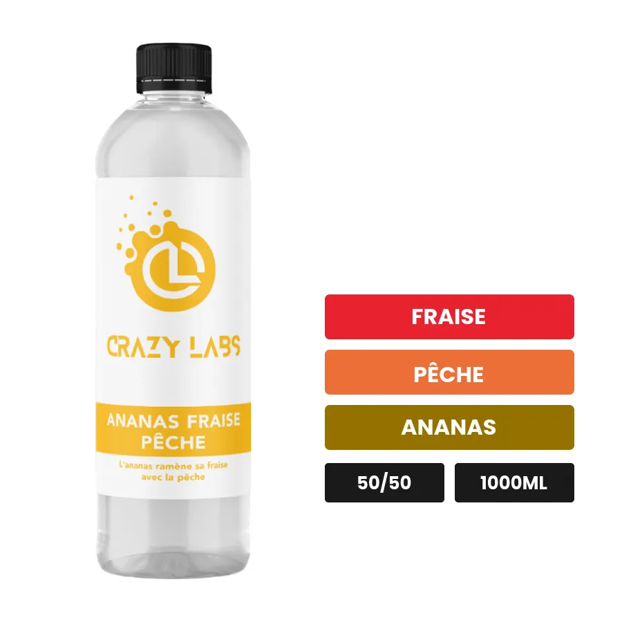 E-liquide Ananas Fraise Pêche de Crazy Labs, 1000 ml, saveurs fraise, pêche et ananas, sans nicotine de nicotine.