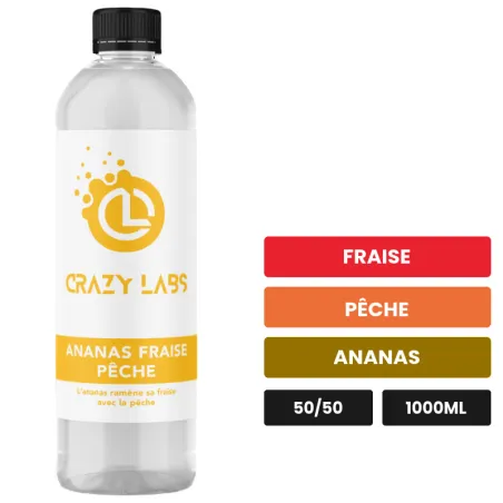 E-liquide Ananas Fraise Pêche de Crazy Labs, 1000 ml, saveurs fraise, pêche et ananas, sans nicotine de nicotine.