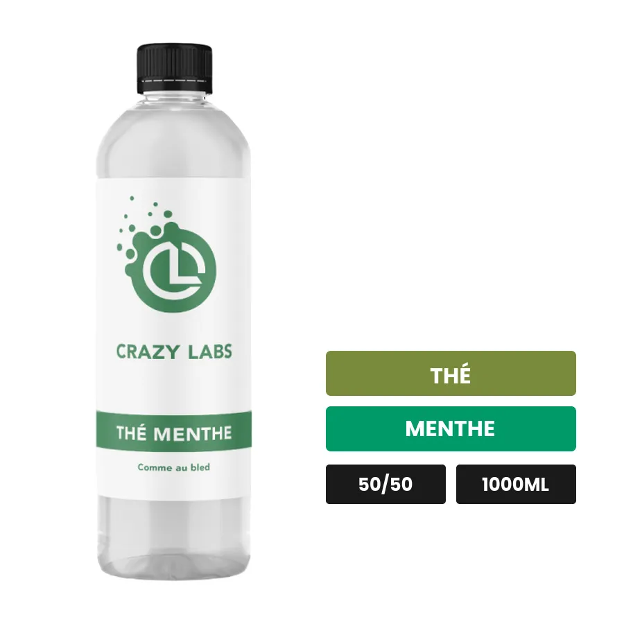 E-liquide Thé Menthe de Crazy Labs, 1000 ml, saveurs thé et menthe, sans nicotine de nicotine.