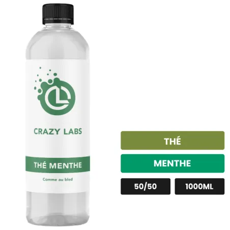 E-liquide Thé Menthe de Crazy Labs, 1000 ml, saveurs thé et menthe, sans nicotine de nicotine.
