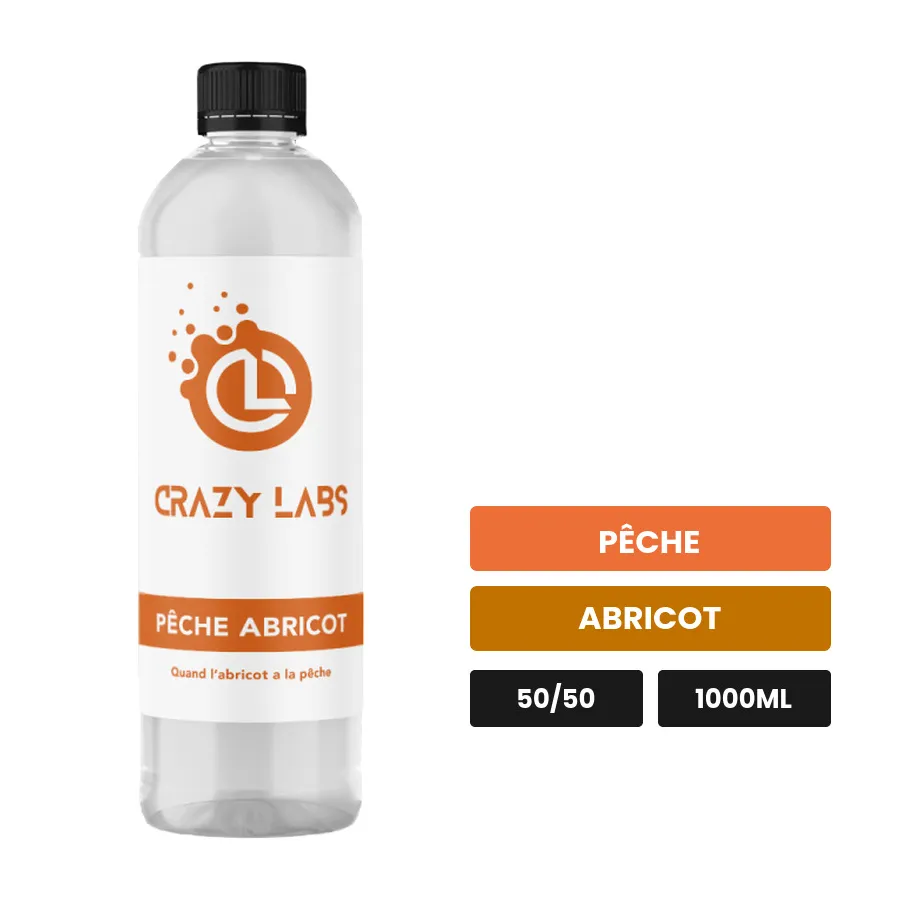 E-liquide Pêche Abricot de Crazy Labs, 1000 ml, saveurs pêche et abricot, sans nicotine de nicotine.