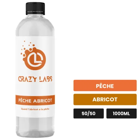 E-liquide Pêche Abricot de Crazy Labs, 1000 ml, saveurs pêche et abricot, sans nicotine de nicotine.