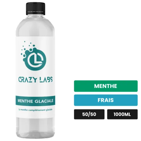E-liquide Menthe Glaciale de Crazy Labs, 1000 ml, saveurs menthe et frais, sans nicotine de nicotine.