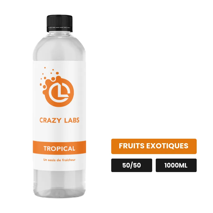 E-liquide Tropical de Crazy Labs, 1000 ml, saveur fruits exotiques, sans nicotine de nicotine.