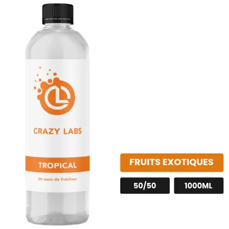 E-liquide Tropical de Crazy Labs, 1000 ml, saveur fruits exotiques, sans nicotine de nicotine.
