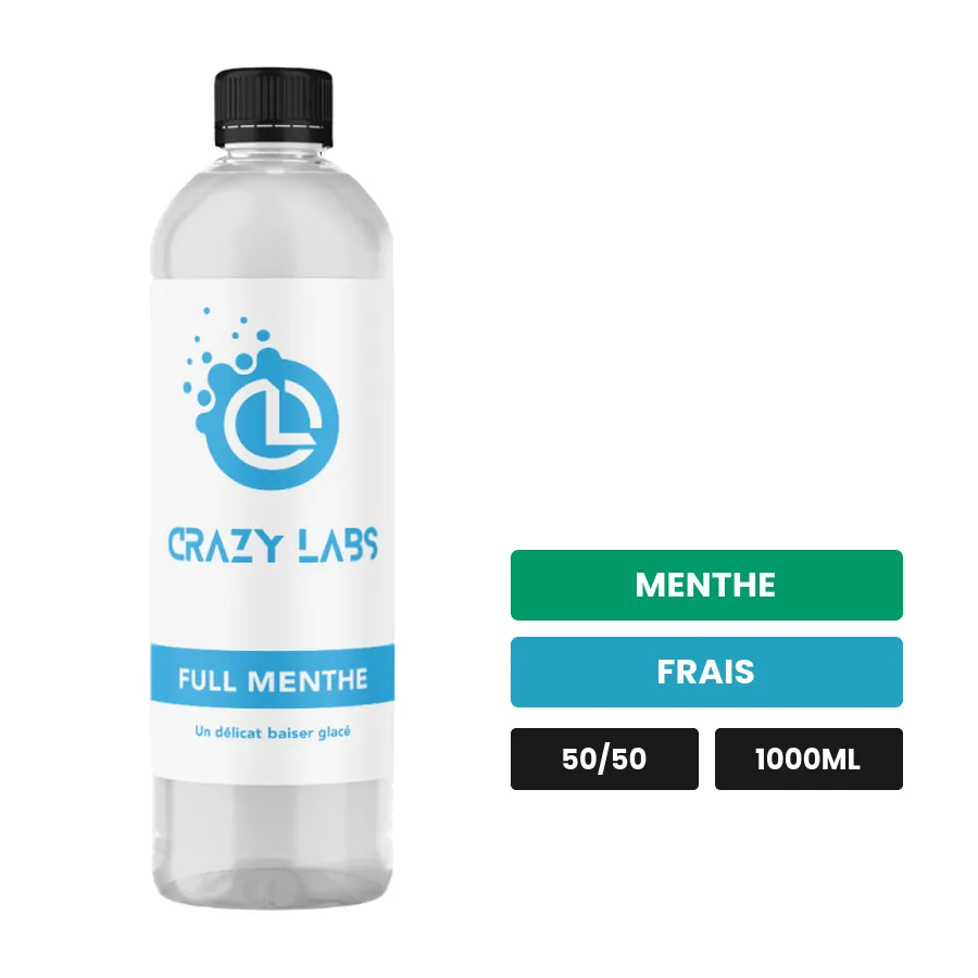 E-liquide Full Menthe de Crazy Labs, 1000 ml, saveurs menthe et frais, sans nicotine de nicotine.