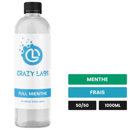 E-liquide Full Menthe de Crazy Labs, 1000 ml, saveurs menthe et frais, sans nicotine de nicotine.