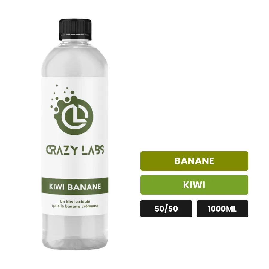 E-liquide Kiwi Banane de Crazy Labs, 1000 ml, saveurs banane et kiwi, sans nicotine de nicotine.