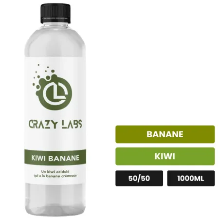 E-liquide Kiwi Banane de Crazy Labs, 1000 ml, saveurs banane et kiwi, sans nicotine de nicotine.