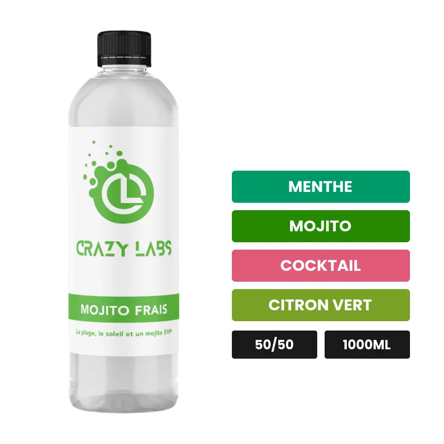 E-liquide Mojito Frais de Crazy Labs, 1000 ml, saveurs menthe, mojito, cocktail et 2 autres, sans nicotine de nicotine.