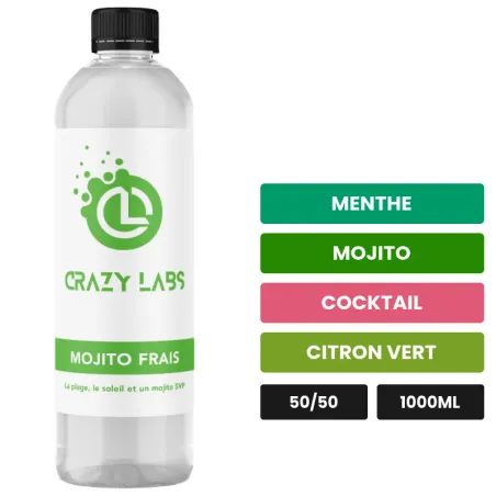 E-liquide Mojito Frais de Crazy Labs, 1000 ml, saveurs menthe, mojito, cocktail et 2 autres, sans nicotine de nicotine.
