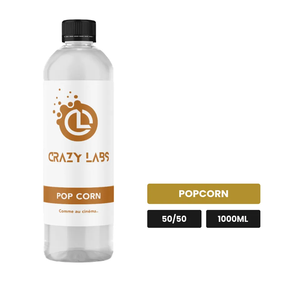 E-liquide Pop Corn de Crazy Labs, 1000 ml, saveur popcorn, sans nicotine de nicotine.