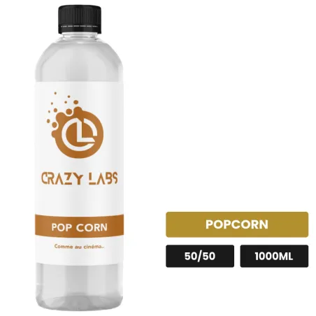 E-liquide Pop Corn de Crazy Labs, 1000 ml, saveur popcorn, sans nicotine de nicotine.