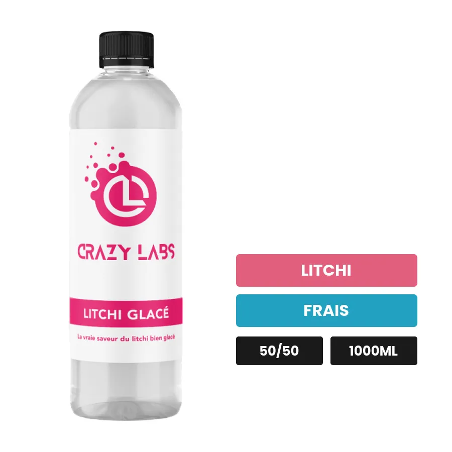 E-liquide Litchi Glacé de Crazy Labs, 1000 ml, saveurs litchi et frais, sans nicotine de nicotine.