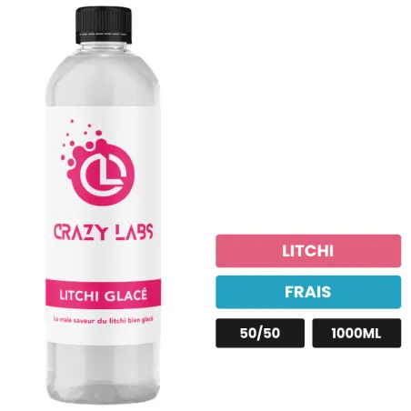 E-liquide Litchi Glacé de Crazy Labs, 1000 ml, saveurs litchi et frais, sans nicotine de nicotine.