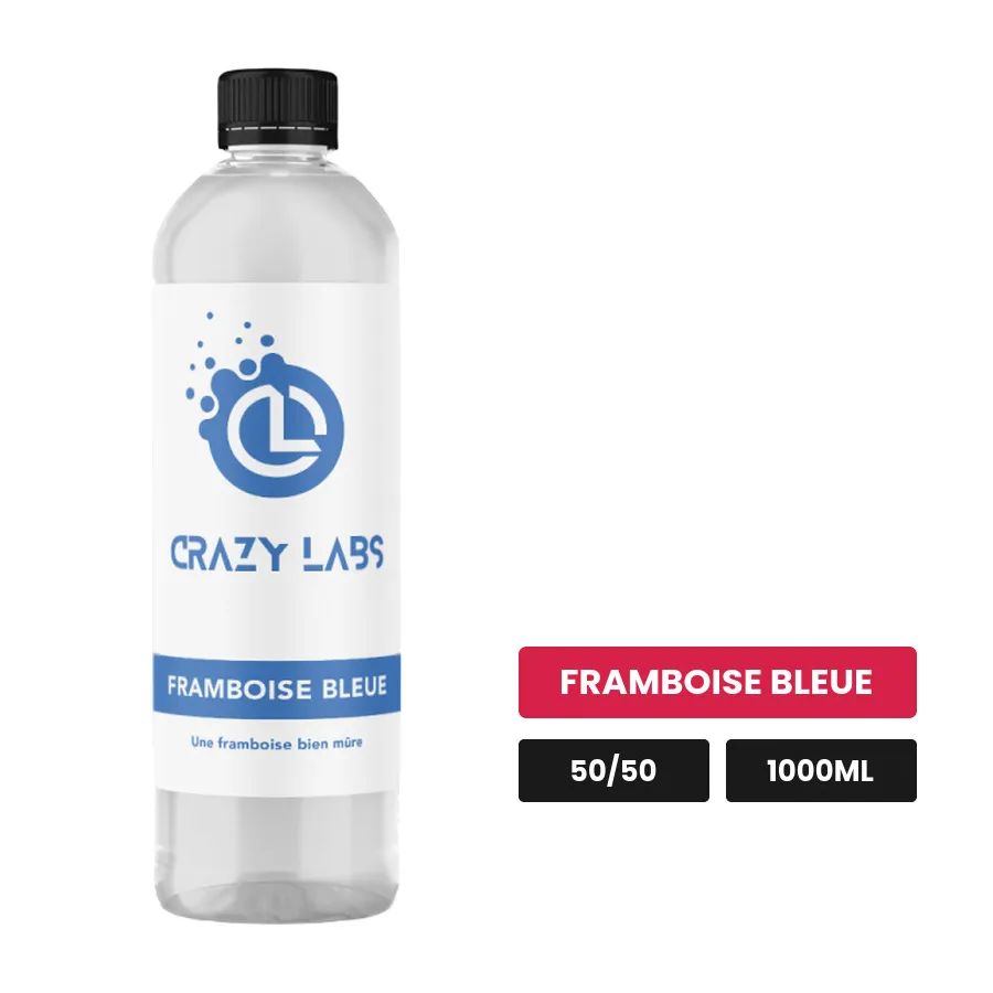 E-liquide Framboise Bleue de Crazy Labs, 1000 ml, saveur framboise bleue, sans nicotine de nicotine.