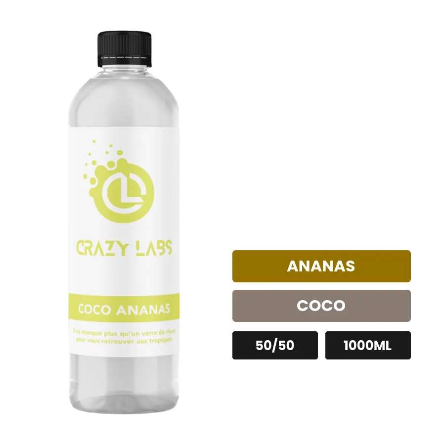 E-liquide Coco Ananas de Crazy Labs, 1000 ml, saveurs ananas et coco, sans nicotine de nicotine.