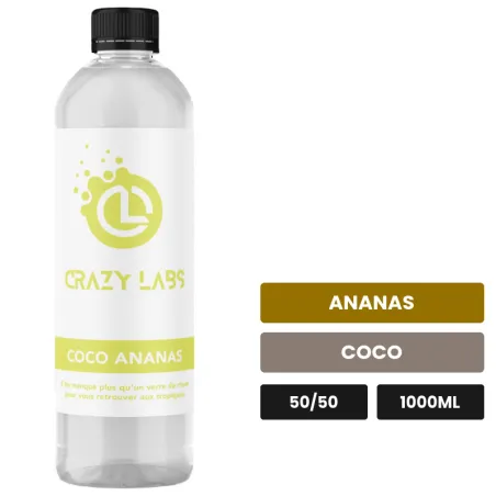 E-liquide Coco Ananas de Crazy Labs, 1000 ml, saveurs ananas et coco, sans nicotine de nicotine.