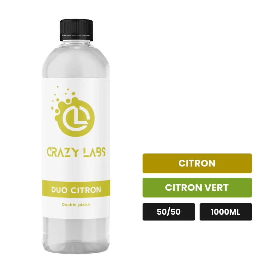 E-liquide Duo Citron de Crazy Labs, 1000 ml, saveurs citron et citron vert, sans nicotine de nicotine.