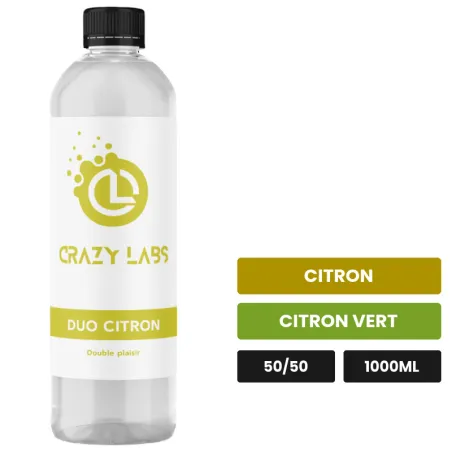 E-liquide Duo Citron de Crazy Labs, 1000 ml, saveurs citron et citron vert, sans nicotine de nicotine.