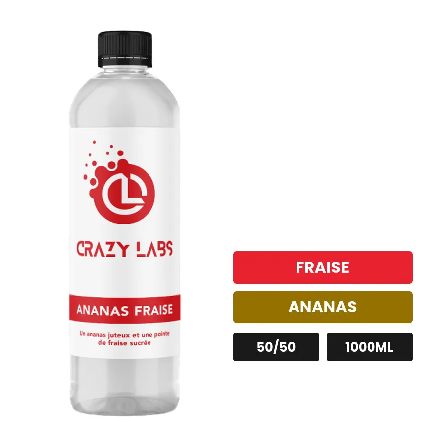 E-liquide Ananas Fraise de Crazy Labs, 1000 ml, saveurs fraise et ananas, sans nicotine de nicotine.