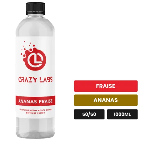 E-liquide Ananas Fraise de Crazy Labs, 1000 ml, saveurs fraise et ananas, sans nicotine de nicotine.