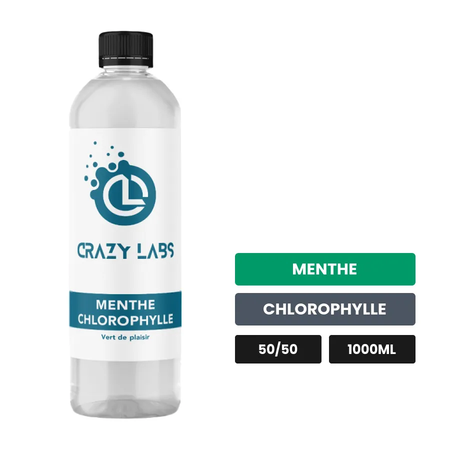 E-liquide Menthe Chlorophylle de Crazy Labs, 1000 ml, saveurs menthe et chlorophylle, sans nicotine de nicotine.