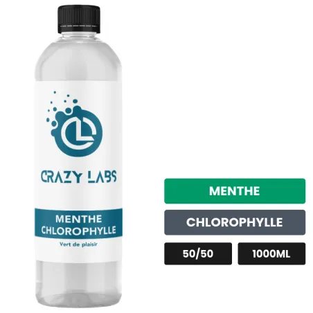 E-liquide Menthe Chlorophylle de Crazy Labs, 1000 ml, saveurs menthe et chlorophylle, sans nicotine de nicotine.