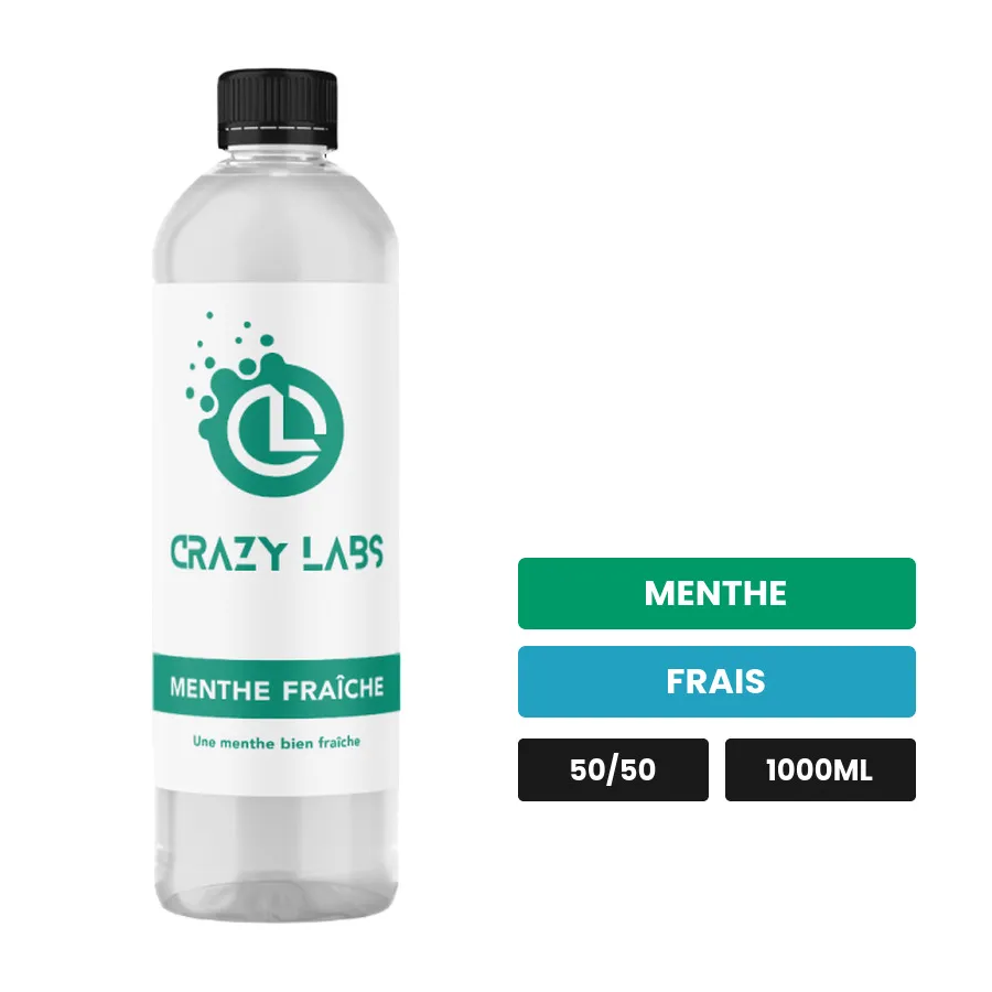 E-liquide Menthe Fraîche de Crazy Labs, 1000 ml, saveurs menthe et frais, sans nicotine de nicotine.