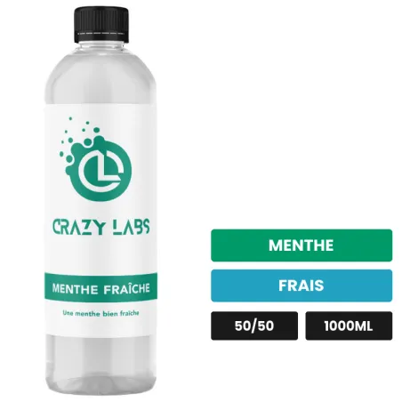 E-liquide Menthe Fraîche de Crazy Labs, 1000 ml, saveurs menthe et frais, sans nicotine de nicotine.