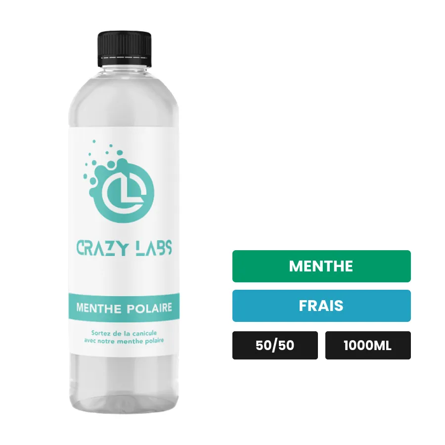 E-liquide Menthe Polaire de Crazy Labs, 1000 ml, saveurs menthe et frais, sans nicotine de nicotine.
