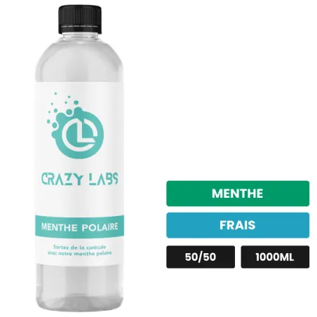 E-liquide Menthe Polaire de Crazy Labs, 1000 ml, saveurs menthe et frais, sans nicotine de nicotine.