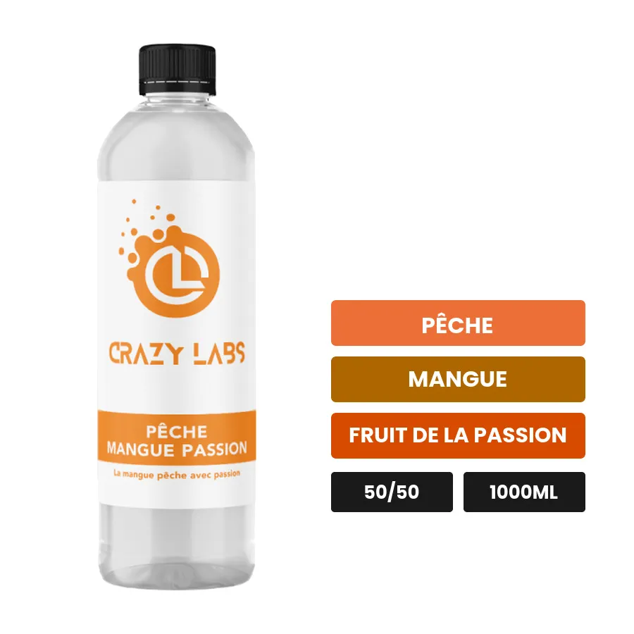 E-liquide Pêche Mangue Passion de Crazy Labs, 1000 ml, saveurs pêche, mangue et fruit de la passion, sans nicotine de.