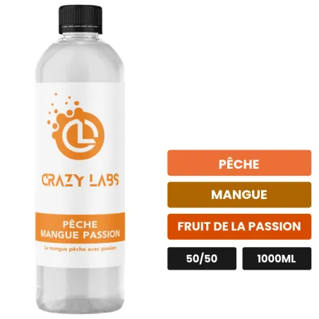 E-liquide Pêche Mangue Passion de Crazy Labs, 1000 ml, saveurs pêche, mangue et fruit de la passion, sans nicotine de.