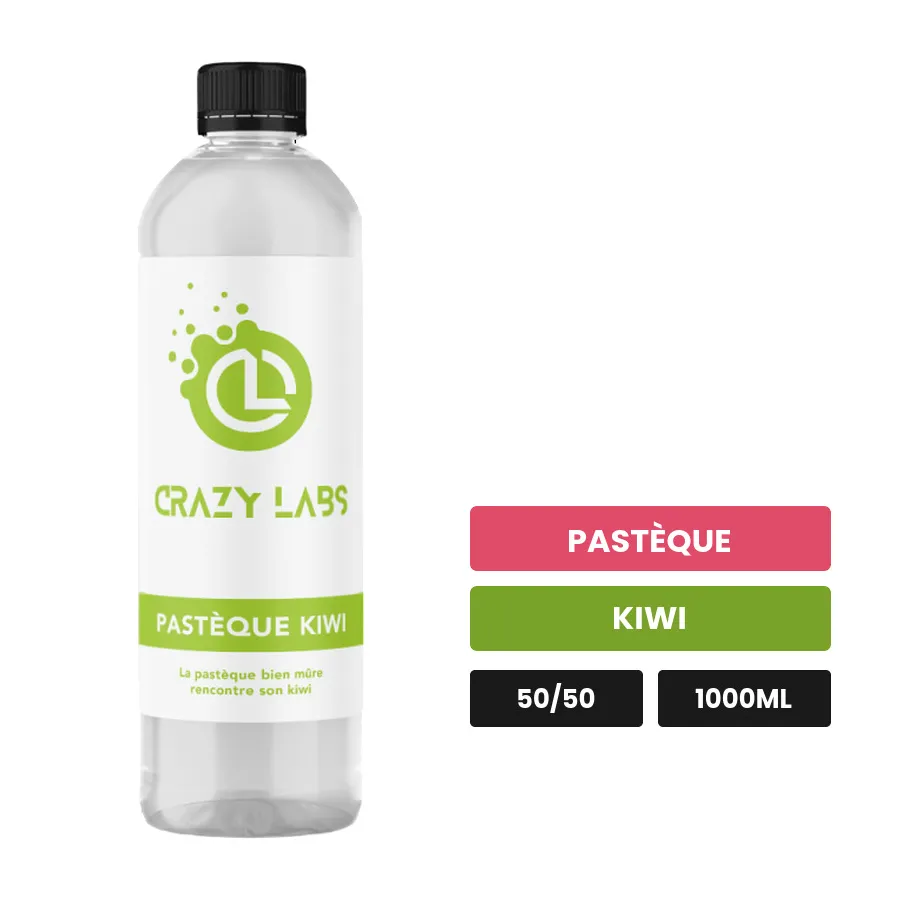 E-liquide Pastèque Kiwi de Crazy Labs, 1000 ml, saveurs pastèque et kiwi, sans nicotine de nicotine.