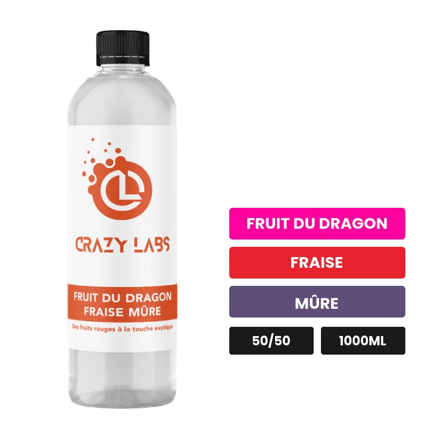 E-liquide Fruit du Dragon Fraise Mûre de Crazy Labs, 1000 ml, saveurs fruit du dragon, fraise et mûre, sans nicotine de.
