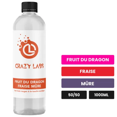 E-liquide Fruit du Dragon Fraise Mûre de Crazy Labs, 1000 ml, saveurs fruit du dragon, fraise et mûre, sans nicotine de.