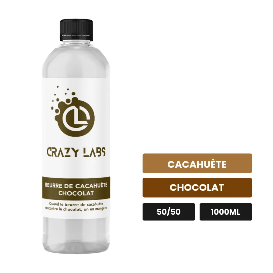 E-liquide Beurre de Cacahuète Chocolat de Crazy Labs, 1000 ml, saveurs cacahuète et chocolat, sans nicotine de nicotine.