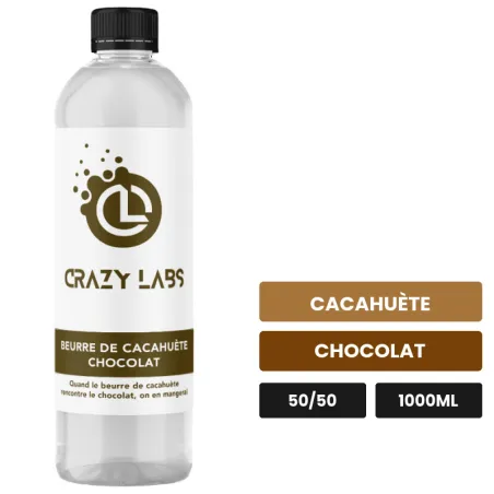E-liquide Beurre de Cacahuète Chocolat de Crazy Labs, 1000 ml, saveurs cacahuète et chocolat, sans nicotine de nicotine.