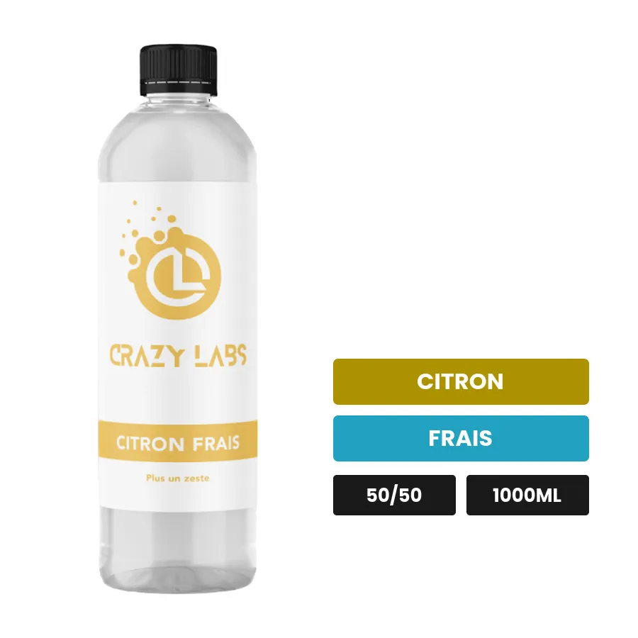 E-liquide Citron Frais de Crazy Labs, 1000 ml, saveurs citron et frais, sans nicotine de nicotine.