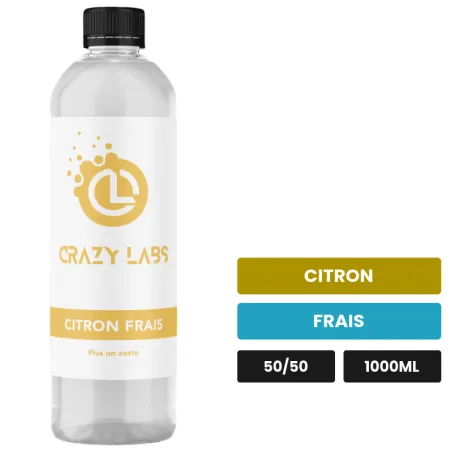 E-liquide Citron Frais de Crazy Labs, 1000 ml, saveurs citron et frais, sans nicotine de nicotine.