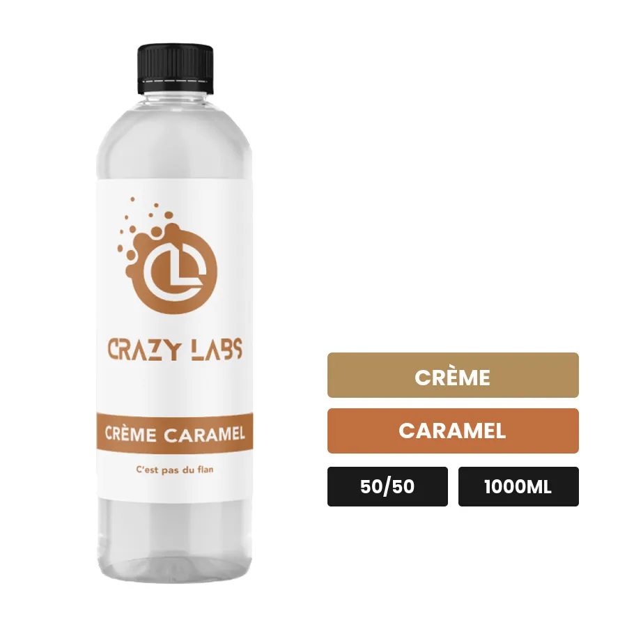 E-liquide Crème Caramel de Crazy Labs, 1000 ml, saveurs crème et caramel, sans nicotine de nicotine.