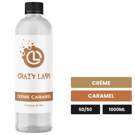 E-liquide Crème Caramel de Crazy Labs, 1000 ml, saveurs crème et caramel, sans nicotine de nicotine.