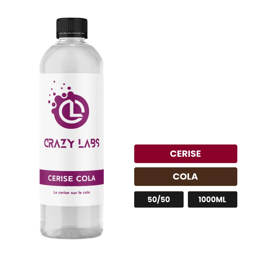E-liquide Cerise Cola de Crazy Labs, 1000 ml, saveurs cerise et cola, sans nicotine de nicotine.