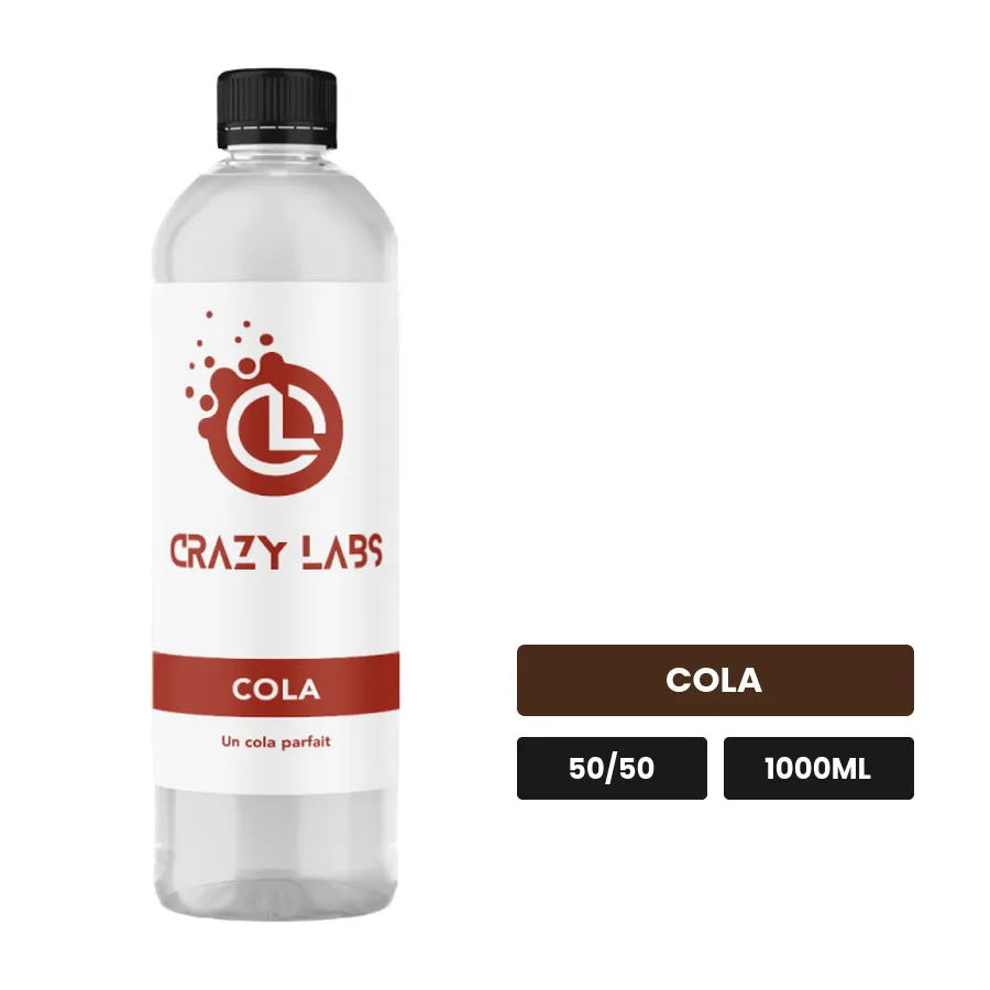 E-liquide Cola de Crazy Labs, 1000 ml, saveur cola, sans nicotine de nicotine.