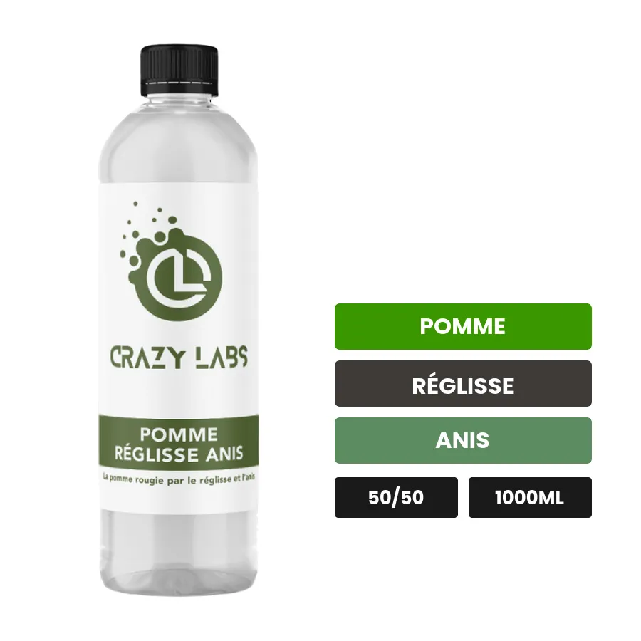 E-liquide Pomme Réglisse Anis de Crazy Labs, 1000 ml, saveurs pomme, réglisse et anis, sans nicotine de nicotine.